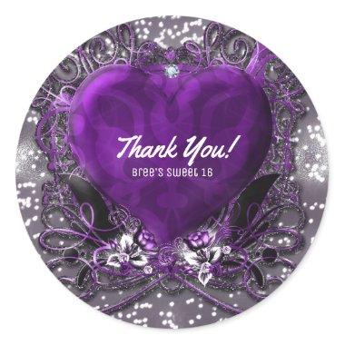 Purple & Silver Heart Sparkle Glamour Party Favor Classic Round Sticker