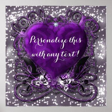 Purple & Silver Heart Sparkle Party Poster