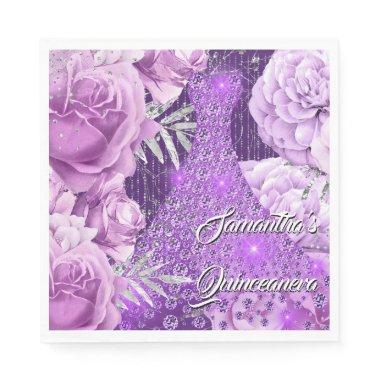 Purple silver rose floral womans glam birthday napkins
