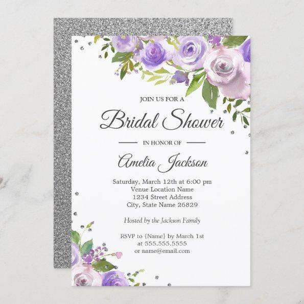 Purple Silver Sparkle Floral Bridal Shower Invite