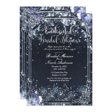 Purple Silver Sparkle Lights Roses Bridal Shower Invitations