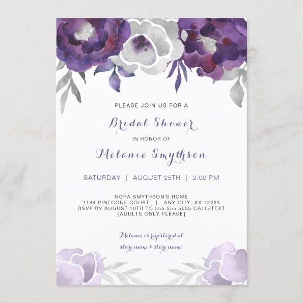 Purple Silver Watercolor Floral bridal shower 3963 Invitations