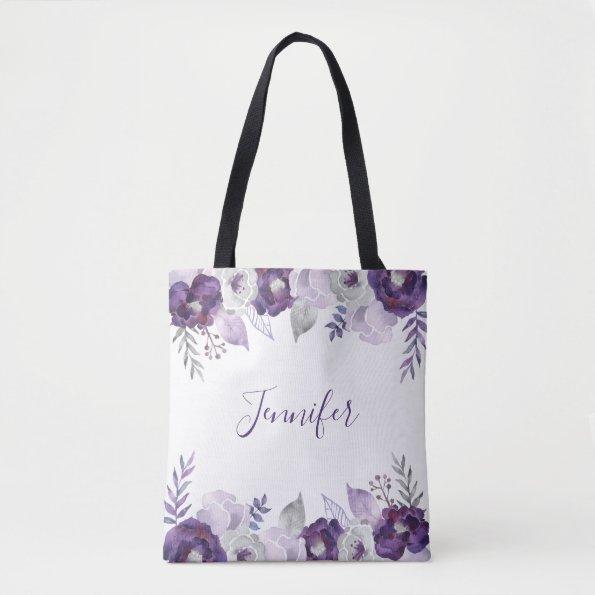 Purple & Silver Watercolor Floral Bridesmaid Gift Tote Bag