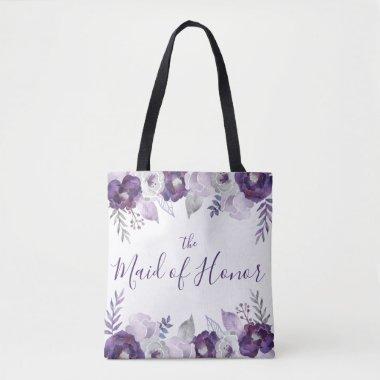 Purple & Silver Watercolor Floral Maid of Honor Tote Bag