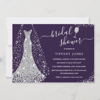 Purple Silver Wedding Dress Bridal Shower Invitations