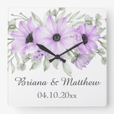 Purple Simple Elegant Floral Bridal Shower Gift Square Wall Clock