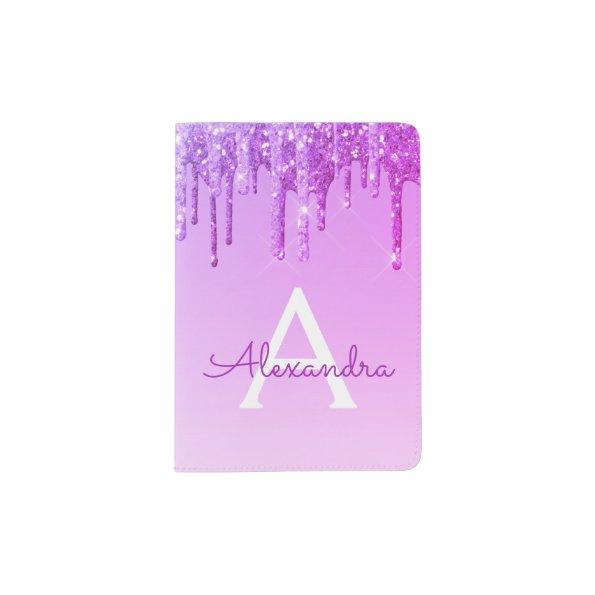 Purple Sparkle Glitter Monogram Name Passport Holder