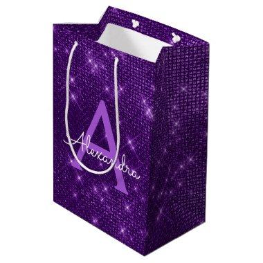 Purple Sparkle Monogram - Add Your Name Medium Gift Bag