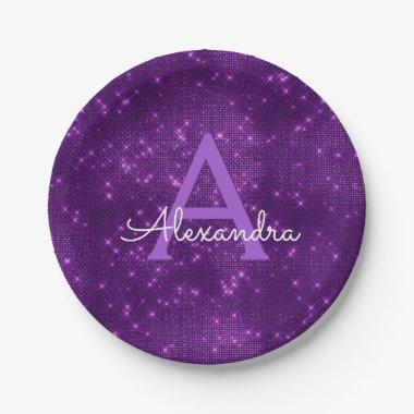 Purple Sparkle & Shimmer Monogram Birthday Paper Plates