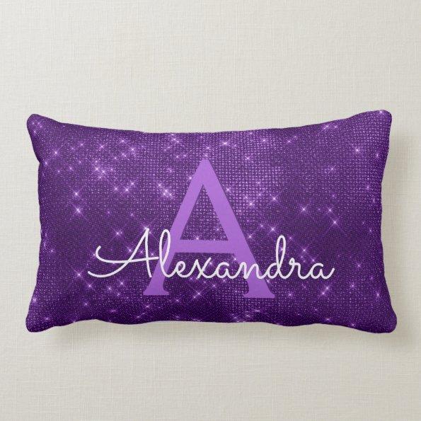 Purple Sparkle Shimmer Monogram Name & Initial Lumbar Pillow