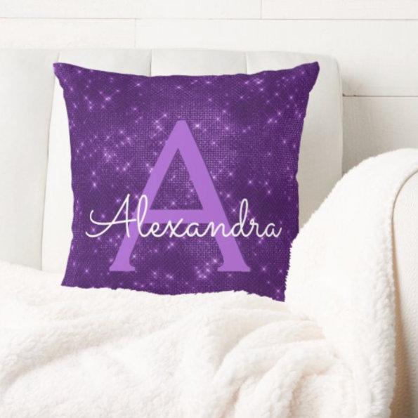 Purple Sparkle Shimmer Monogram Name & Initial Throw Pillow