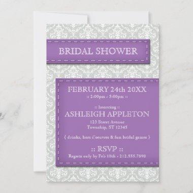 Purple Stitched Gray Damask Bridal Shower Invitations