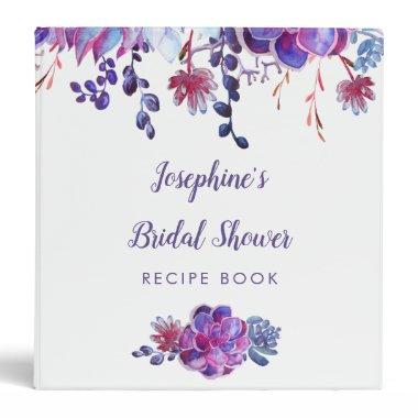 Purple Succulents Watercolor Bridal Shower Recipe 3 Ring Binder