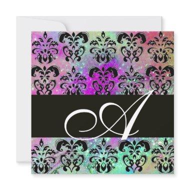 PURPLE TEAL AQUA BLUE BLACK DAMASK MONOGRAM Invitations