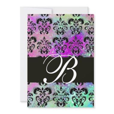 PURPLE TEAL AQUA BLUE BLACK DAMASK MONOGRAM