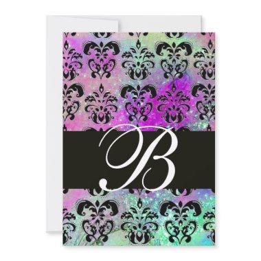 PURPLE TEAL AQUA BLUE BLACK DAMASK MONOGRAM Invitations