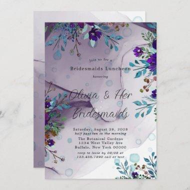 Purple Teal Botanical Floral Bridesmaids Luncheon Invitations