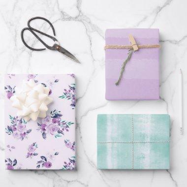 Purple & Teal Watercolor Floral and Subtle Stripes Wrapping Paper Sheets