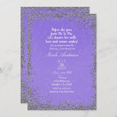 Purple Texture Silver Glitter Modern Bridal Shower Invitations