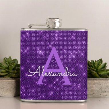 Purple Trendy Sparkle Monogram Initial Hip Flask