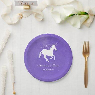 Purple Unicorn Wedding Paper Plate