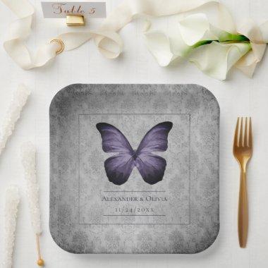 Purple Vintage Butterfly Damask Wedding Paper Plates
