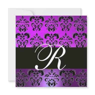 PURPLE VIOLET BLACK DAMASK MONOGRAM,,white Invitations