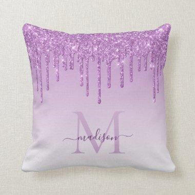 Purple Violet Glitter Drips Glam Monogram Script Throw Pillow