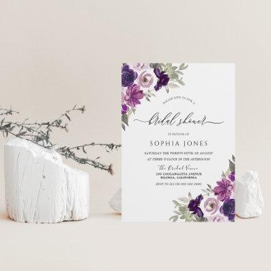 Purple Violet Watercolor Flowers Bridal Shower Invitations