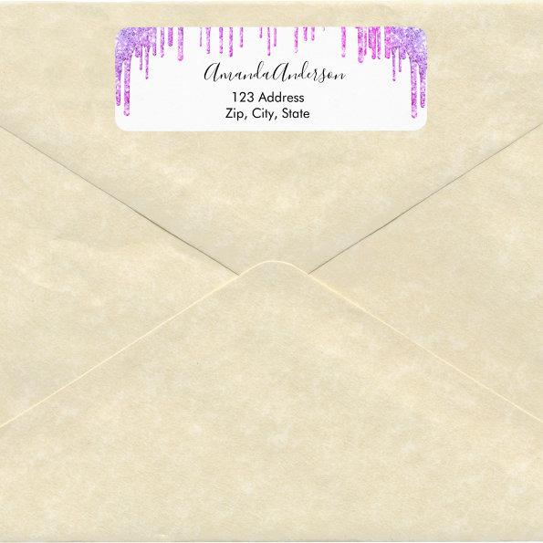 Purple violet white glitter drips return address label