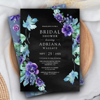Purple Watercolor Anemones Black Bridal Shower Invitations