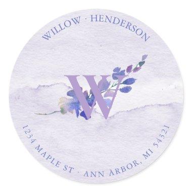 Purple Watercolor Bridal Shower Return Address Classic Round Sticker