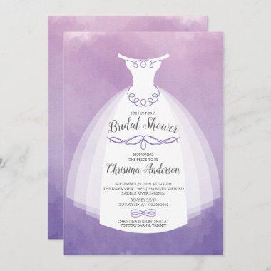Purple Watercolor Bride Gown Bridal Shower Invitations