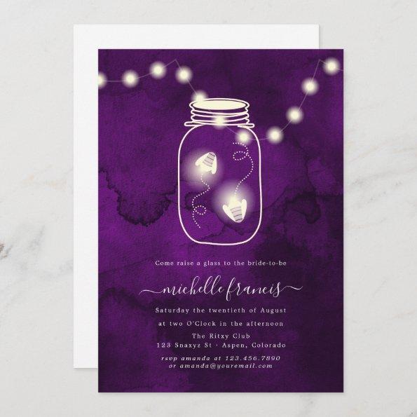 Purple Watercolor Firefly Mason Jar Bridal Shower Invitations