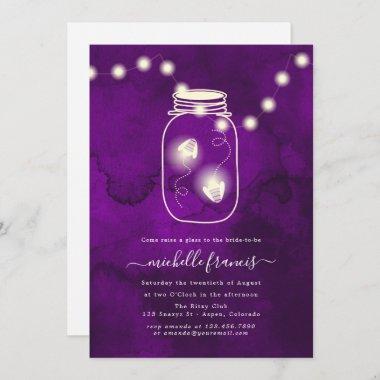 Purple Watercolor Firefly Mason Jar Bridal Shower Invitations
