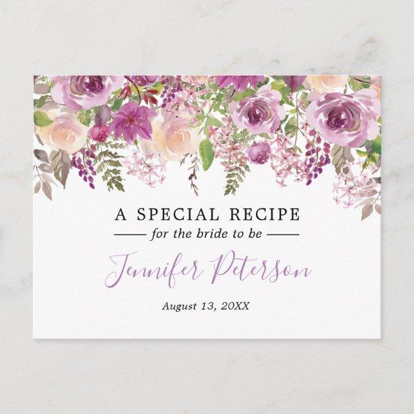 Purple Watercolor Flower Bridal Shower Recipe Invitations