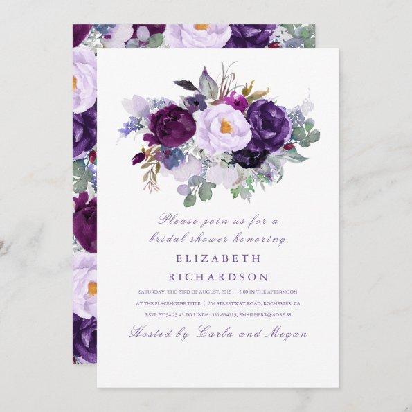 Purple Watercolor Flowers Romantic Bridal Shower Invitations
