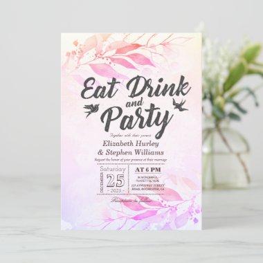 Purple Watercolor Leaves EAT Drink & Party Wedding Invitations