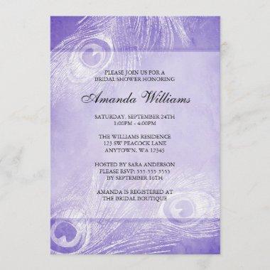 Purple Watercolor Peacock Feathers Bridal Shower Invitations