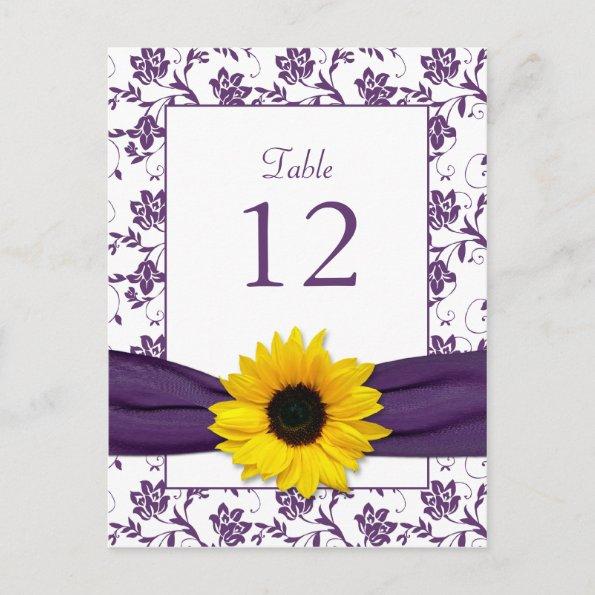 Purple White Sunflower Damask Wedding Table Card