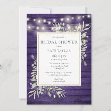 Purple Wood String Lights Greenery Bridal Shower Invitations