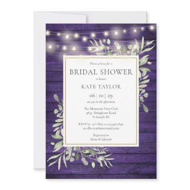 Purple Wood String Lights Greenery Bridal Shower Invitations