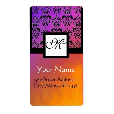 PURPLE YELLOW VIOLET BLACK DAMASK, SQUARE MONOGRAM LABEL