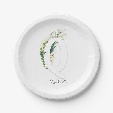 Q Monogram Gold Greenery Leaves Elegant Name Paper Plates