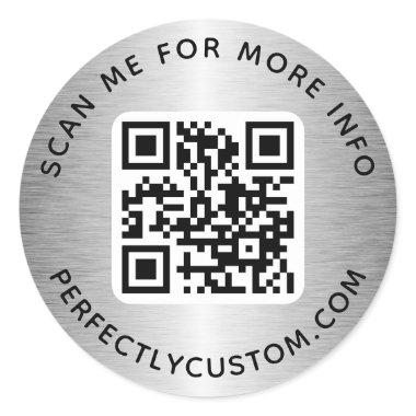 QR code custom text silver gray gradient Classic Round Sticker