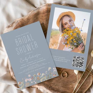 QR Code Dusty Blue Wildflower Bridal Shower Invitations