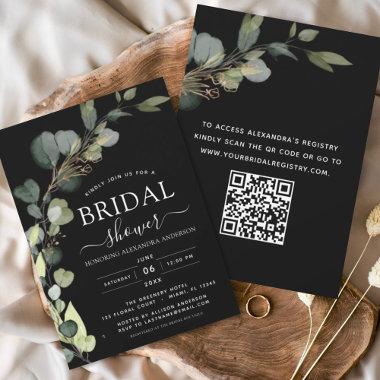 QR Code Eucalyptus Black Modern Bridal Shower Invitations