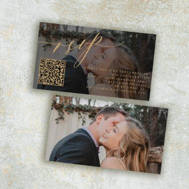 QR code RSVP gold script photo wedding website Enclosure Invitations