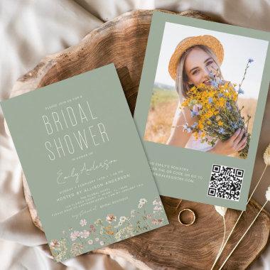 QR Code Sage Green Wildflower Bridal Shower Invitations