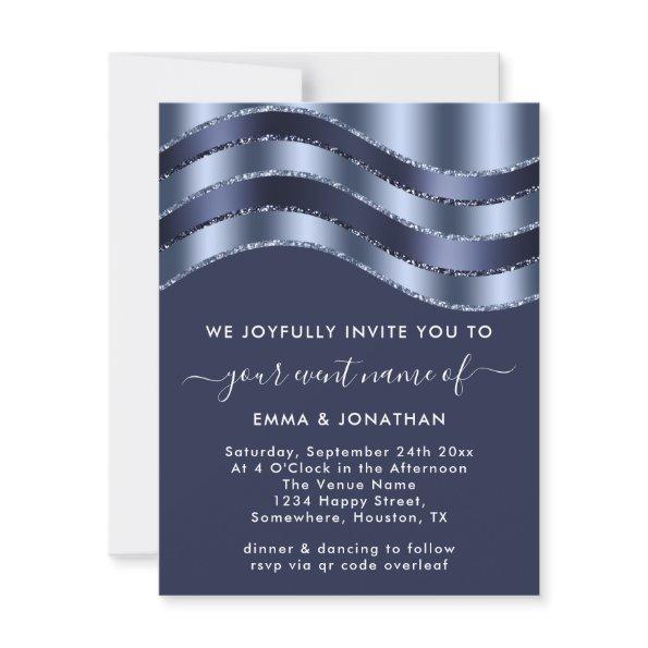 QR Code Wedding  Blue Navy Glitter